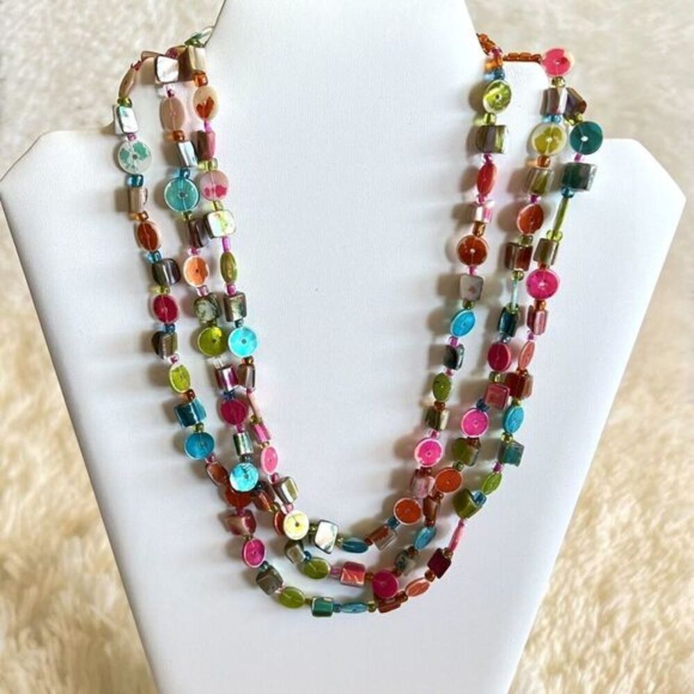 17" Multi-Strand Multicolor Handmade Statement Necklace / Boho Style / Shell - Picture 7 of 12